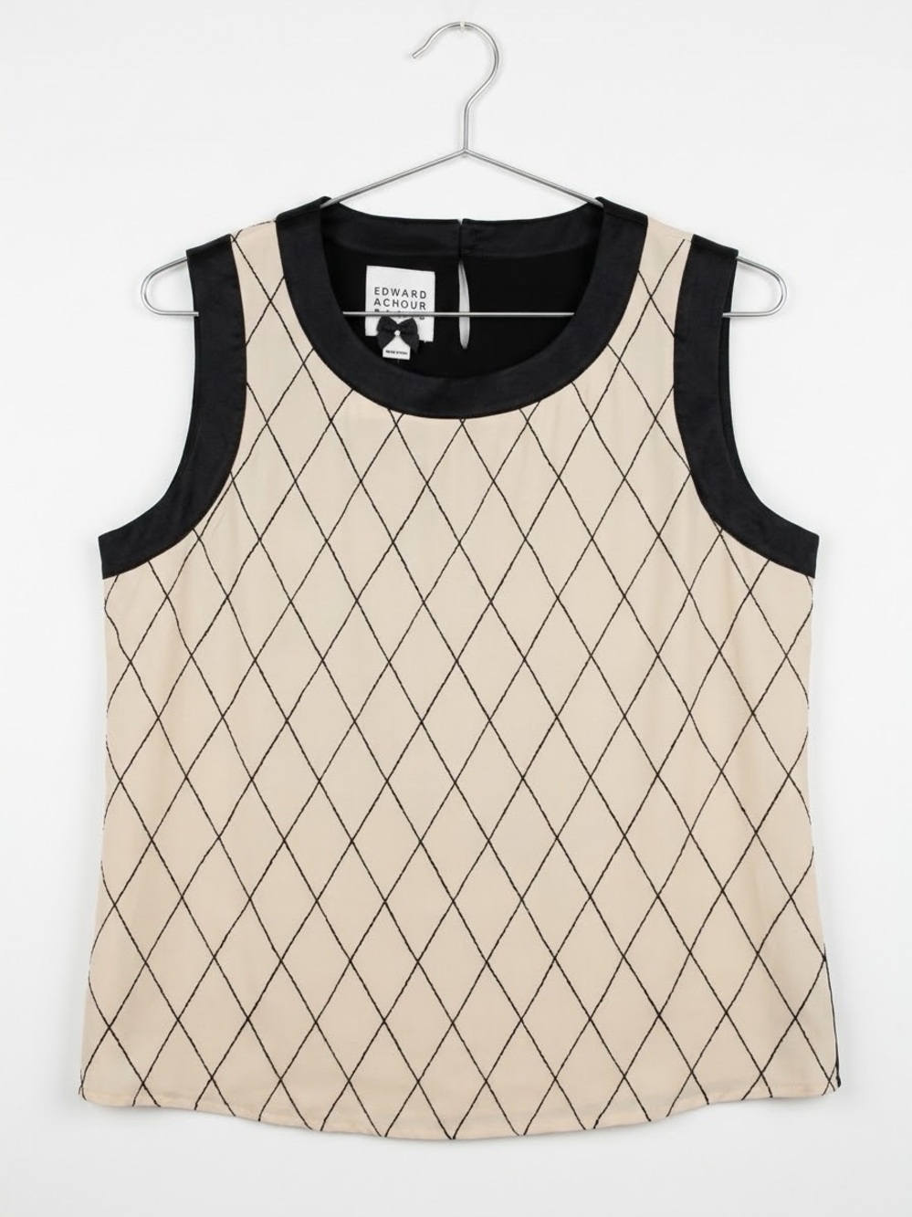 Edward Achour Paris Silk Diamond Quilt Sleeveless Top Black Trim Size 40 / US 8